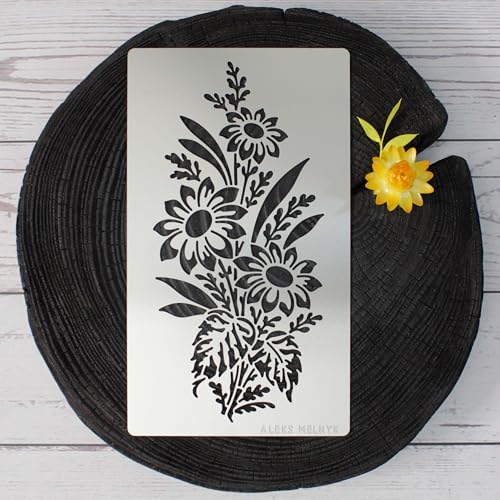 Aleks Melnyk No.273 Metal Stencil, Sunflower in a Bouquet with Wildflowers, Leaf Blossom, Small Stencil, 1 PC, Template for Wood Burning, Engraving, Aleks Melnyk