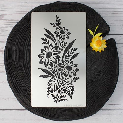 Aleks Melnyk No.273 Metal Stencil, Sunflower in a Bouquet with Wildflowers, Leaf Blossom, Small Stencil, 1 PC, Template for Wood Burning, Engraving, - WoodArtSupply