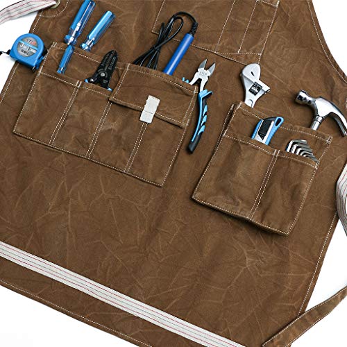Jeanerlor Waxed Canvas Work Apron for Women with 11 Pockets Water-Resistant Tool Apron Smart Cross-Back Straps Design Adjustable S-M (Coffee) Jeanerlor