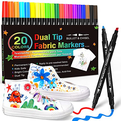 KERIFI Dual Tip Fabric Markers Permanent for Clothes, 20 Colors Fabric Decorating Paint Pens for Kids, T-Shirt Shoe Markers for Sneakers Clothing