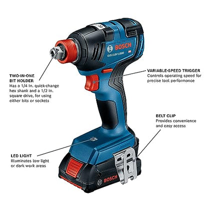 BOSCH GXL18V-601B25 18V 6-Tool Combo Kit with 2-In-1 Bit/Socket Impact Driver, Hammer Drill/Driver, Reciprocating Saw, Circular Saw, Angle Grinder, - WoodArtSupply