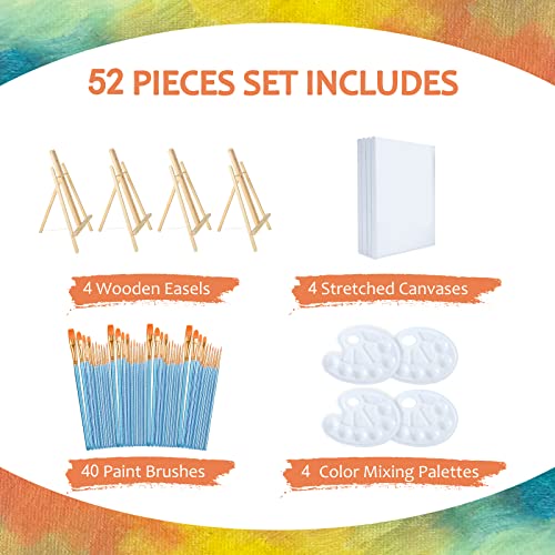 Easel & Canvas Sets 52 Pcs Painting Supplies(4 PCS Easels+4 PCS Canvases+ 40 PCS Brushes+4 PCS Palettes)16 Inch Tabletop Easel Wooden Art Easel for ZaHi