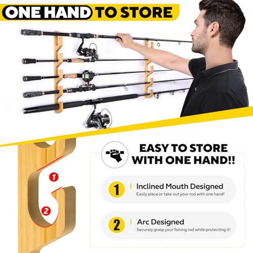 PLUSINNO WH5 Horizontal Fishing Rod/Pole Holders for Garage, Wall or Ceiling Mounted Fishing Rod Rack, Solid Wood Fishing Pole Holder Holds up to 5 PLUSINNO