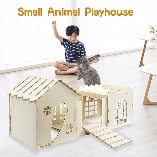 Large Rabbit Wooden Castle Hideout, Multi-Chamber Small Animal Wooden House Cage, Bunny Playhouse Habitat Decor Tunnel for Dwarf Rabbit Guinea Pig Teabelle