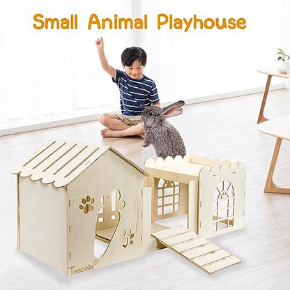 Large Rabbit Wooden Castle Hideout, Multi-Chamber Small Animal Wooden House Cage, Bunny Playhouse Habitat Decor Tunnel for Dwarf Rabbit Guinea Pig - WoodArtSupply