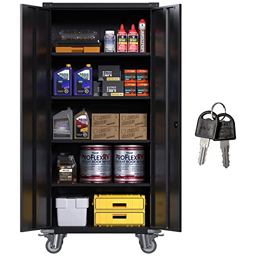 Aobabo Metal Garage Storage Cabinet with Wheels,72In High Lockable Steel Storage Cabinet for Garage Home Office Storage, Black Required-Assembly