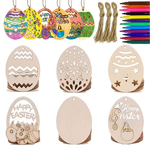 Anditoy 30 PCS Easter Wooden Hanging Ornaments Unfinished Wood Slices Eggs Easter Crafts for Kids DIY Easter Decorations Party Supplies Decor Anditoy