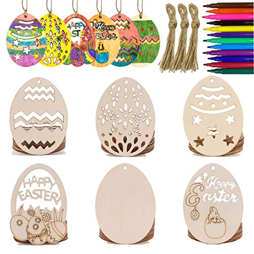 Anditoy 30 PCS Easter Wooden Hanging Ornaments Unfinished Wood Slices Eggs Easter Crafts for Kids DIY Easter Decorations Party Supplies Decor