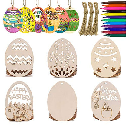 Anditoy 30 PCS Easter Wooden Hanging Ornaments Unfinished Wood Slices Eggs Easter Crafts for Kids DIY Easter Decorations Party Supplies Decor