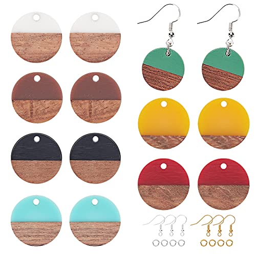 OLYCRAFT 174PCS Flat Round Dangle Earring Making Kits 7 Colors Include Resin and Walnut Wood Pendants with 60 PCS Earring Hooks and 100PCS Jump Rings OLYCRAFT