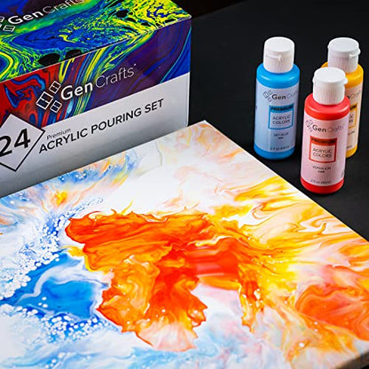 GenCrafts Acrylic Pouring Paint 24 Colors Pre-Mixed High Flow - Ready to Pour - 2 oz. Bottles - Vibrant Paints for Multi-Surface (Classic 24 x 60ml - WoodArtSupply