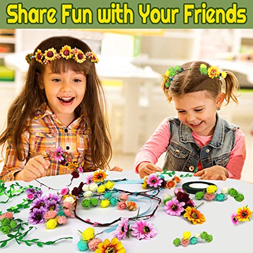 WUBOMJIO Flower Crowns Craft Kit, Make Your Own 12 PCs Flower Crowns Garland Handmade Arts and Crafts for Kids, DIY Fairy Flower Headbands and WUBOMJIO