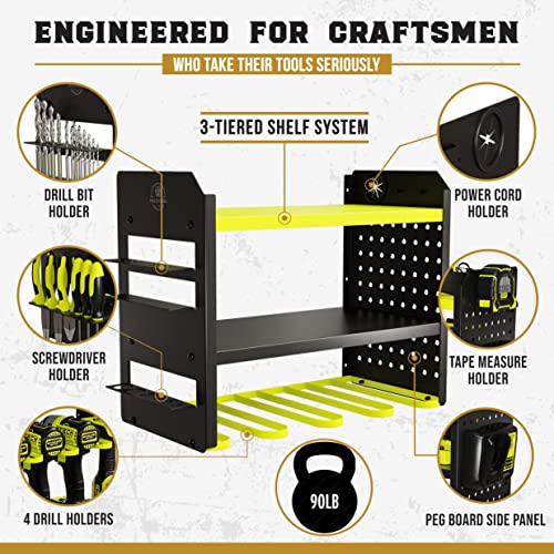 BUILTSTRONG Power Tool Organizer Wall Mount - 3-Tier Heavy-Duty Metal Hand Tool Storage Rack, Utility Racks, Drill Holder, PegBoard Side, & More - BUILTSTRONG