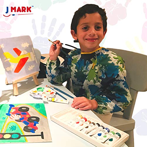J MARK Kids Paint Set and Paint Easel – Acrylic Painting Kit, Safe Washable Paints, Wood Easel, 2 Pre-Stenciled Canvases 8 x 10 inches, Brushes, J MARK