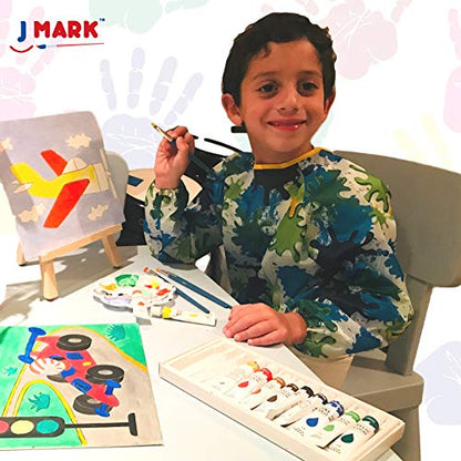 J MARK Kids Paint Set and Paint Easel – Acrylic Painting Kit, Safe Washable Paints, Wood Easel, 2 Pre-Stenciled Canvases 8 x 10 inches, Brushes, - WoodArtSupply