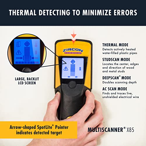 Zircon x85 Center Finding Stud Finder with AC Live Wire Detection and Thermal Wall Scanner for Detecting Water-Filled PEX Tubing up to 2 inches Deep Zircon