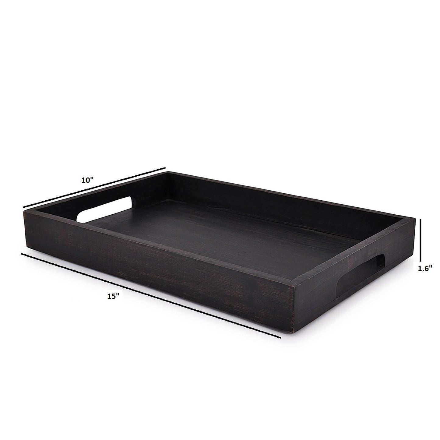 EDHAS Acacia Wood Rectangle BLACK Serving Tray for Breakfast Dinner Drinks Kitchen Dining Living Bathroom With Handle (15" x 10" x 1.6") - WoodArtSupply