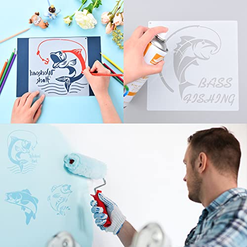 9 Pieces Fish Stencil Bass Fish Stencil Bass Fishing Stencil Template Reusable Painting Drawing Stencil and Metal Open Ring for Painting on Wood Wall Decoration