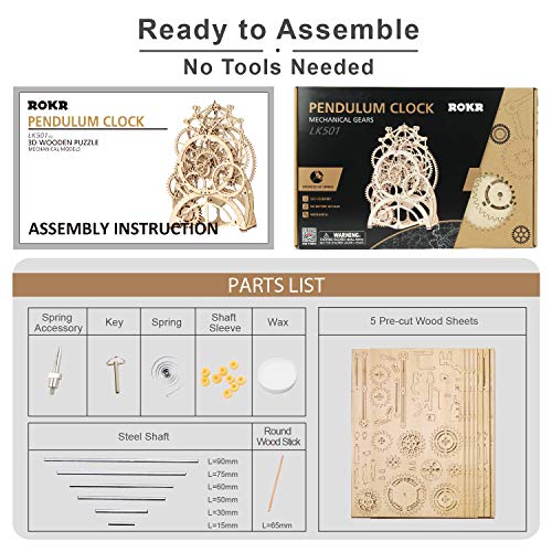 ROKR 3D Wooden Puzzles DIY Clock Kits for Adults to Build Wood Model Building Kit Unique Birthday Gift Pendulum Clock - WoodArtSupply