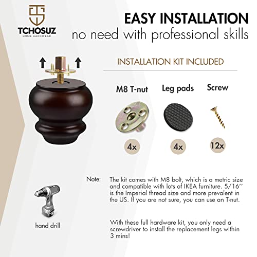 TCHOSUZ 3 inch / 8cm Wooden Furniture Legs, Pack of 4 Classic Walnut Solid Wood Turned DIY Replacement Bun Feet with M8 Hanger Bolts & T-Nuts for TCHOSUZ