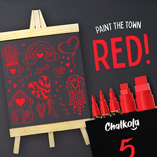 5 Red Chalkboard Chalk Markers - Red Dry Erase Markers for Blackboard, Chalkboard Signs, Windows, Glass | Variety Pack - Fine & Jumbo Size Ink Pen Chalkola