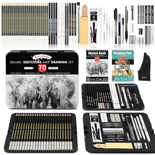 KALOUR 72-Pack Sketch Drawing Pencils Kit with Sketchbook and 3-color Drawing Paper,Tin Box,Include Graphite,Charcoal,Drawing Glove and Artists