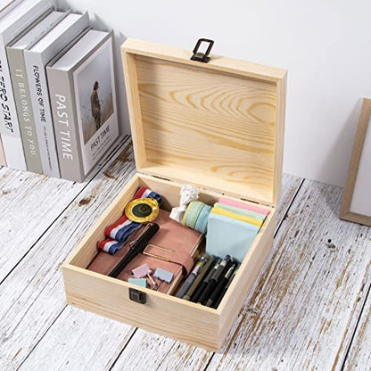 Useekoo Unfinished Wooden Storage Box with Hinged Lid, 9.1'' x 9.1'' x 3.9'' Large Keepsake Box, Rustic Wood Gift Boxes for Jewelry, Art Hobbies, DIY