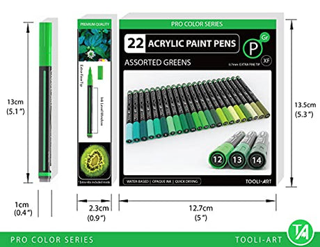 Acrylic Paint Pens 22 Green Tones Assorted Pro Color Series Markers Set 0.7mm Extra Fine Tip for Rock Painting, Glass, Mugs, Wood, Metal, Canvas, DIY TOOLI-ART