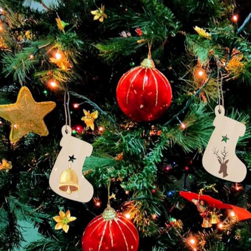 Pack of 20 Wooden Crafts Christmas Tree Hanging Ornaments Unfinished Wood Cutouts Christmas Decoration DIY Crafts with Cords (Wooden Star Cutouts)