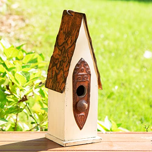 Glitzhome 13.25" H Washed White Distressed Solid Wood Birdhouse Hand Painted Hanging Bird House for Outdoors glitzhome
