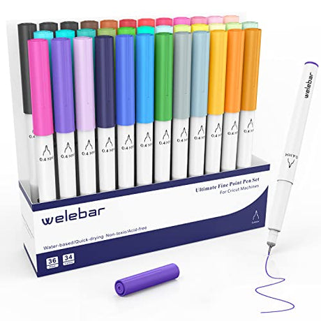 Welebar 0.4 Tip Pen Set for Cricut Maker 3/Maker/Explore 3/Air 2/Air, Ultimate Fine Point Pen Set of 36 Pack Fine Point Pens for Drawing, Writing, Welebar