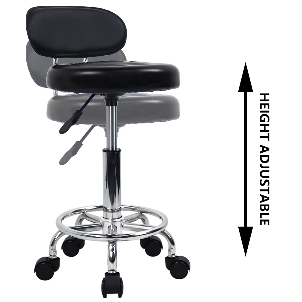 KKTONER PU Leather Modern Rolling Stool with Low Back Height Adjustable Work Salon Drafting Swivel Task Chair with Footrest (Black) KKTONER