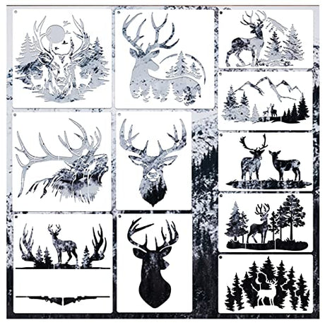 11 Pcs Deer Stencils Forest Mountain Tree Deer Head Stencils for Wood Burning Stencil Template Stencils for Painting on Wood Crafts Home Decors Huahui