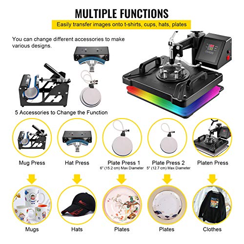 VEVOR Heat Press Machine, 12 x 15 Inch, 5 in 1 Combo Swing Away T-Shirt Sublimation Transfer Printer with Teflon Coated, Mug/Hat/Plate Accessories - WoodArtSupply