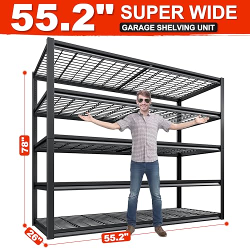 REIBII 55.2" W Garage Shelving Heavy Duty Garage Storage Shelves 3000LBS Adjustable 5 Tier Metal Shelving Unit for Storage Rack Storage Shelves REIBII