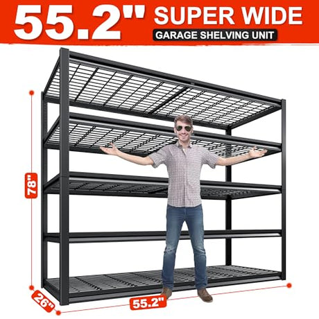 REIBII 55.2" W Garage Shelving Heavy Duty Garage Storage Shelves 3000LBS Adjustable 5 Tier Metal Shelving Unit for Storage Rack Storage Shelves REIBII