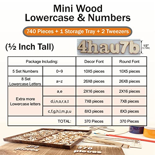 740 Pieces Half Inch Mini Blank Wood Lowercase Letters Unfinished Wooden Numbers with Stained Tray for Scrapbooking DIY Project Cregugua