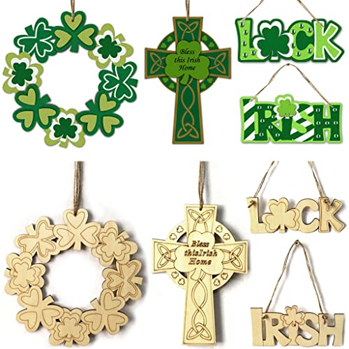 4 Pieces St. Patrick's Day Blank Wooden Ornament, Unfinished Hanging Shamrock Wooden Pendant, Clover Shaped Wood Embellishments with Twines for Irish Attria