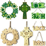 4 Pieces St. Patrick's Day Blank Wooden Ornament, Unfinished Hanging Shamrock Wooden Pendant, Clover Shaped Wood Embellishments with Twines for Irish Attria