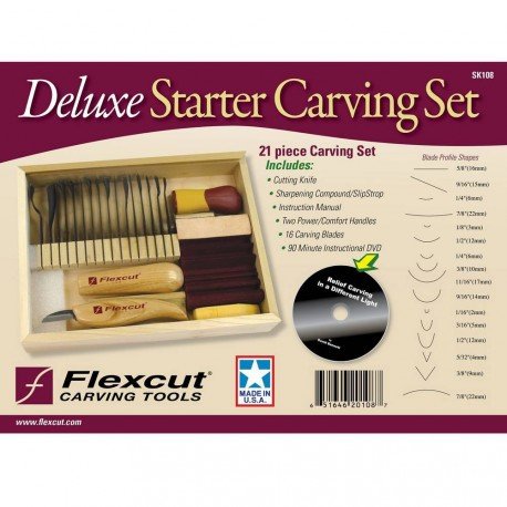 Flexcut SK108 Deluxe Starter Carving Set with 16 Carving Blades, Cutting Knife, Two Quick Connect Handles, and DVD - WoodArtSupply