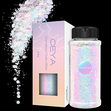 Ceya Chameleon Chunky Glitter, 3.5oz/ 100g Flamingo Opal Color Shift Craft Glitter Powder Color Changing Iridescent Flake Sequin for Epoxy Resin, ceya