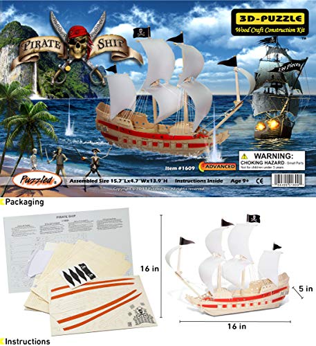 Puzzled 3D Puzzle Pirate Ship Wood Craft Construction Model Kit, Fun Unique & Educational DIY Wooden Toy Assemble Model Unfinished Crafting Hobby Puzzled