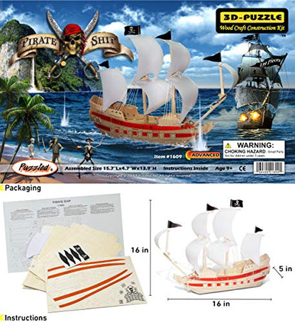 Puzzled 3D Puzzle Pirate Ship Wood Craft Construction Model Kit, Fun Unique & Educational DIY Wooden Toy Assemble Model Unfinished Crafting Hobby