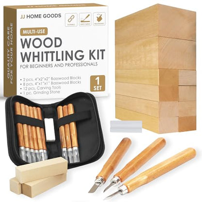 JJ CARE Wood Carving Kit [12 SK2 Wood Carving Knives with Case, 10 Basswood Carving Blocks, and 1 Grinding Stone] - Beginner Wood Carving Kit, Wood