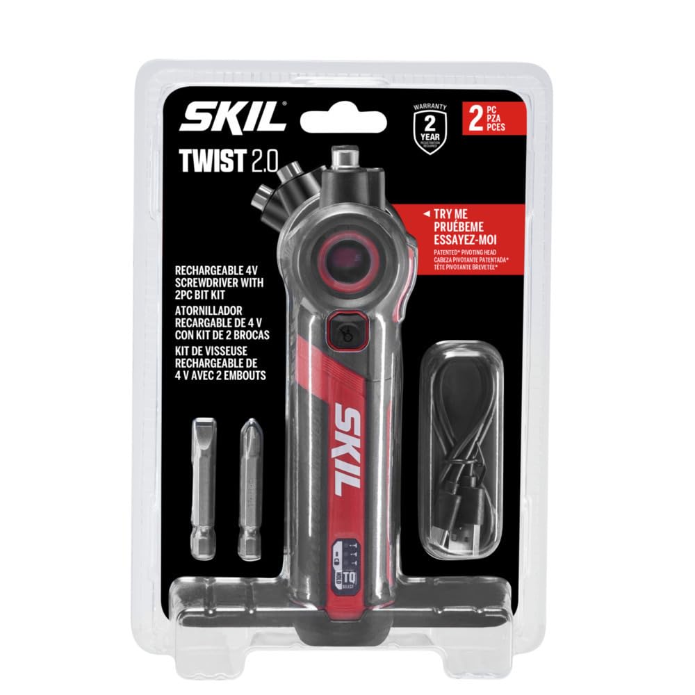 SKIL Twist 2.0 Rechargeable 4V Screwdriver with Pivoting Head, Torque Setting, USB-C Charging Cable & 2PC Bit Set-SD5619-01 Skil
