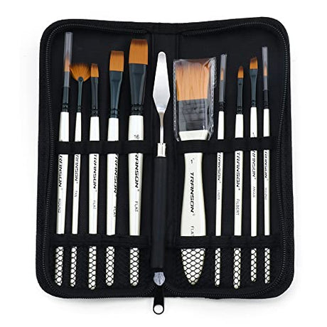Transon Paint Brush Kit 10pcs Art Brushes and 1 Paint Spatula with Brush Case TRANSON