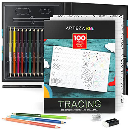 Arteza Kids Tracing Activity Book, School Supplies for Ages 6 and Up, 50 Double-Sided Sheets, 12 Double-Ended Colored Pencils, Black Marker, Eraser,
