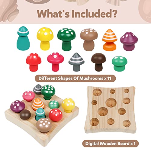 NAODONGLI Wooden Montessori Toys for Toddler,Educational Toys for 3 Year Old,STEM Toys Mushroom Harvest Game,Learing Shape Sorting & Number NAODONGLI