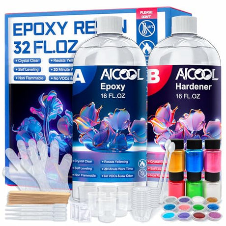 Aicool Epoxy Resin 32OZ, Epoxy Resin Kit, Crystal Clear Art Resin Not Yellowing, No Bubble, Self Leveling, High-Gloss, Casting & Coating for DIY Aicool