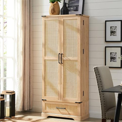 ACCOHOHO 72" Tall Rattan Kitchen Pantry Cabinet with Drawer, Boho Storage Cabinet with 2 Rattan Doors and Shelves, Versatile Large Cabinet for Dining